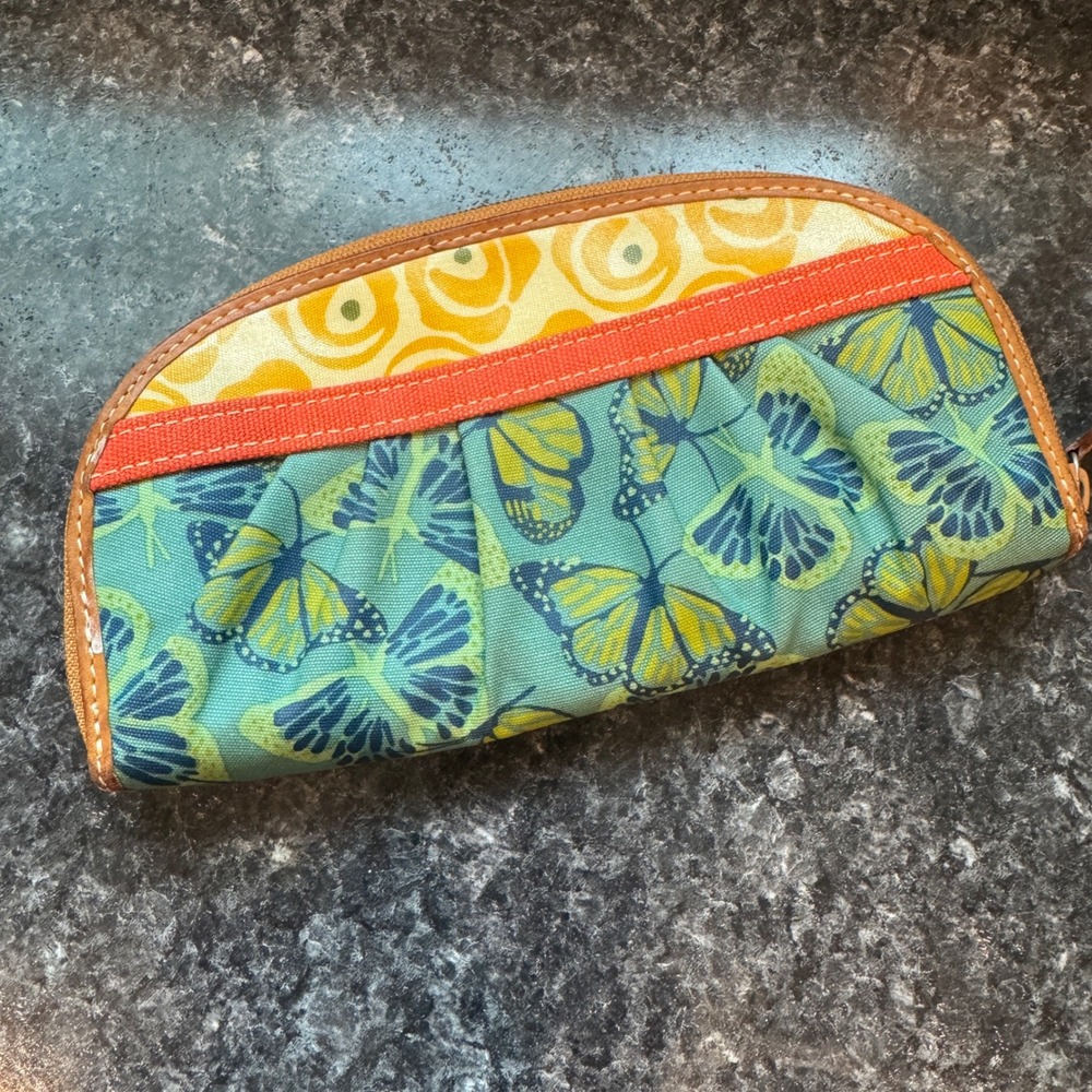 Fossil Butterfly Print Coated Canvas Zip Around Clutch Wallet Teal Yellow Green